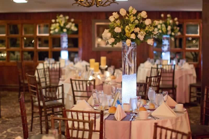 Stroudsmoor Country Inn - Stroudsburg - Poconos - Woodlands Outdoor Wedding - Table Settings With Tall Center Floral Centerpieces
