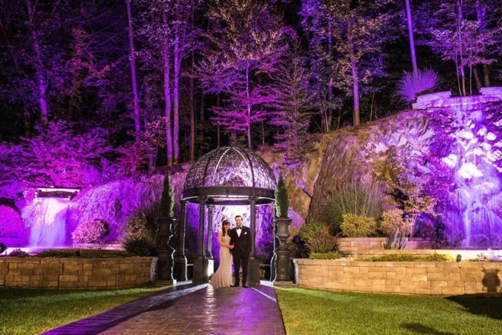 Wedding couple posing at night with colorful lights