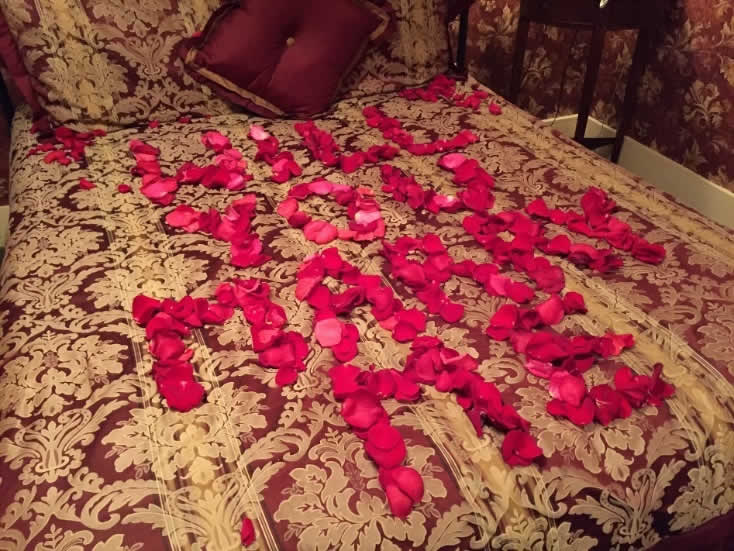 Will you marry me rose petals on bed