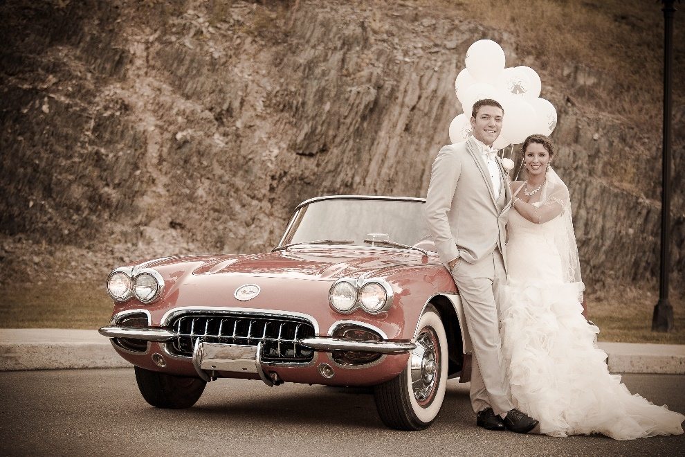 Couple posing with sports car