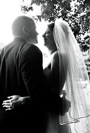 Wedding couple gazing into each other's eyes