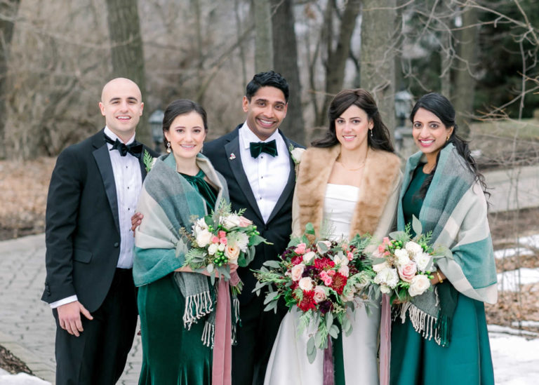 Bride and groom with bridesmaids and best man