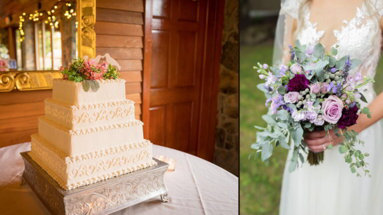 Wedding cake and wedding bouquet