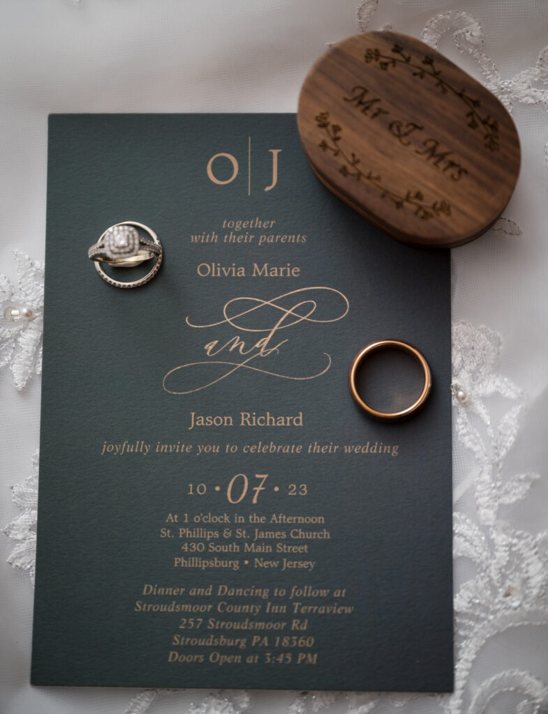 A wedding invitation with rings and ring box