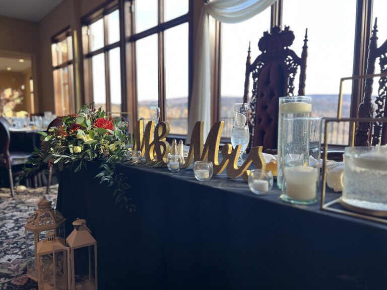 Sweetheart table with throne chairs at Terraview