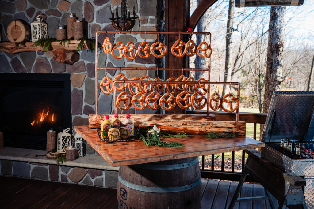 Soft pretzel display atop wooden barrel
