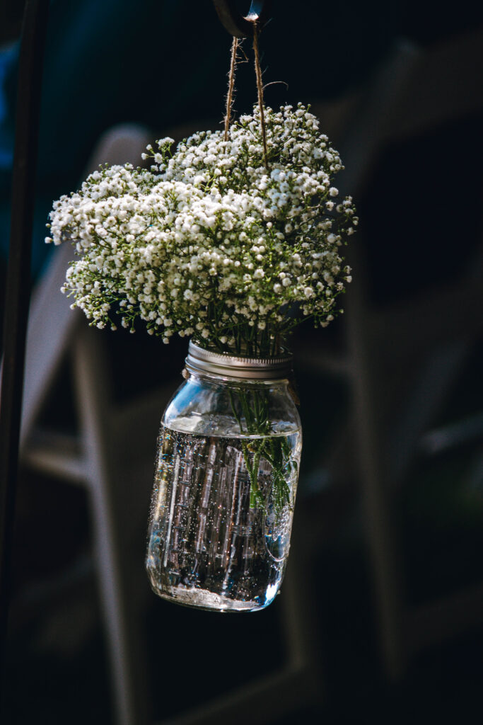 Baby's breath hangs in water-filled mason jar