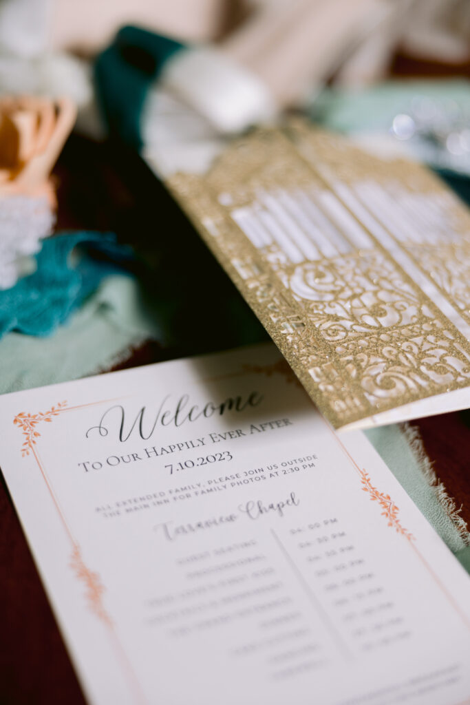 Decorative stationary captures couple's wedding day itinerary